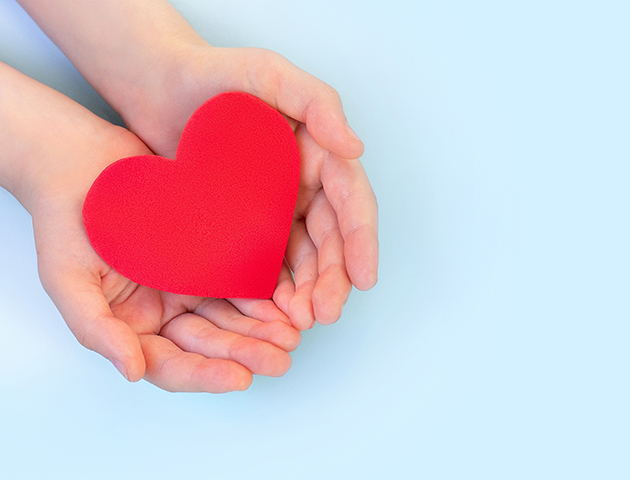 Children's hands hold red heart on a light background. Сoncept health care, organ donation, wellbeing, family insurance,love.World health day.National Organ Donor Day.World heart day.